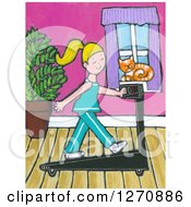 Poster, Art Print Of Canvas Painting Of A Cat Watching A Blond Caucasian Woman Exercise On A Treadmill