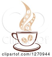 Poster, Art Print Of Two Toned Tan And Brown Steamy Coffee Cup With Beans