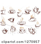 Poster, Art Print Of Two Toned Tan And Brown Steamy Coffee Cups And Pots