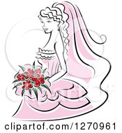 Poster, Art Print Of Black And White Bride In A Pink Dress With Red Flowers