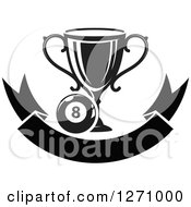 Black And White Billiards Eight Ball With A Trophy Over A Blank Banner