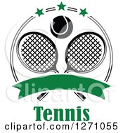 Poster, Art Print Of Black And White Tennis Ball Over Crossed Rackets In A Circle With Greeb Stars A Blank Banner Over Text
