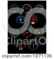 Clipart Of Colorful Illuminated Speedometers On Black Royalty Free Vector Illustration