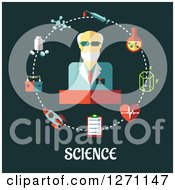Poster, Art Print Of Science Text Under A Man In A Circle Of Icons On Green