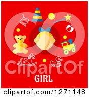 Poster, Art Print Of Girl Text Under A Face And Toy Icons On Red
