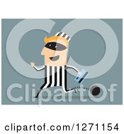 Poster, Art Print Of White Shackled Robber Running With A Credit Card On Blue