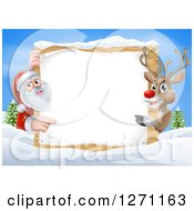 Clipart Of A Reindeer And Santa Pointing Around A Christmas Wood Sign In The Snow Against Blue Sky Royalty Free Vector Illustration