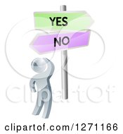 Poster, Art Print Of 3d Silver Man Looking Up At Yes And No Road Signs