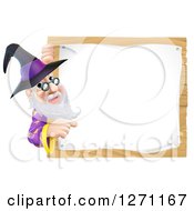 Happy Senior Wizard Pointing Around A Posted Notice Sign On Wood