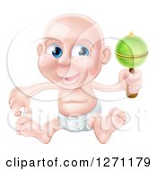 Bald Blue Eyed Caucasian Baby Boy Sitting In A Diaper And Shaking A Rattle
