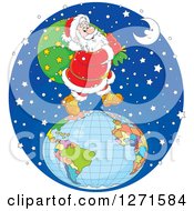 Poster, Art Print Of Santa Walking On Top Of A Globe In The Snow On Christmas Eve Night