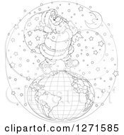 Poster, Art Print Of Black And White Santa Walking On Top Of A Globe In The Snow On Christmas Eve Night