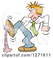Clipart Of A Frustrated Blond White Businessman Stepping In Gum Royalty Free Vector Illustration