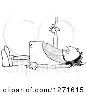 Clipart Of A Black And White Caveman Laying On His Back And Poinging Upwards Royalty Free Vector Illustration