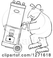 Clipart Of A Black And White Worker Man Moving A Water Heater On A Dolly Royalty Free Vector Illustration
