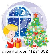 Clipart Of A Blond White Boy Gazing At A Gift On Christmas Night Royalty Free Vector Illustration