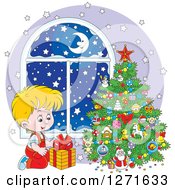 Poster, Art Print Of Blond Caucasian Boy Gazing At A Gift On Snowy Christmas Night