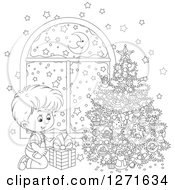 Clipart Of A Black And White Boy Gazing At A Gift On Christmas Night Royalty Free Vector Illustration