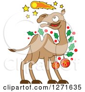 Poster, Art Print Of Christmas Camel Decked Out In Baubles And Holly Watching A Comet In The Sky