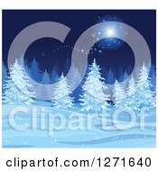 Blue Christmas Background Of A Magical Star Over Snow And Flocked Trees At Night
