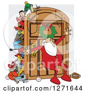 Santa Claus In His Pajamas Leaning Against An Overflowing Closet Door