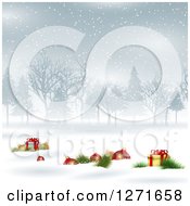 Poster, Art Print Of Background With 3d Christmas Baubles And Gifts In The Snow With Trees