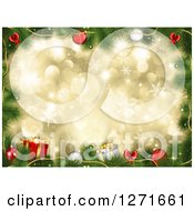 Clipart Of A Christmas Background Of 3d Baubles Tree Branches And Gifts Over Gold Bokeh And Snowflakes Royalty Free Illustration