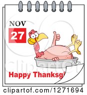 Clipart Of A November 27th Happy Thanksgiving Day Calendar With A Bald Turkey Bird On A Pan Royalty Free Vector Illustration