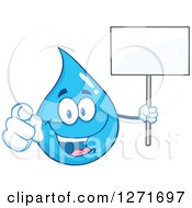 Poster, Art Print Of Happy Blue Water Drop Character Pointing At You And Holding A Blank Sign