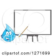 Poster, Art Print Of Happy Blue Water Drop Character Pointing To A Presentation Board