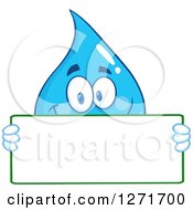 Clipart Of A Happy Blue Water Drop Character Holding A Blank Sign Royalty Free Vector Illustration