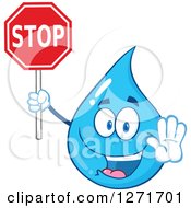 Clipart Of A Happy Blue Water Drop Character Holding Out A Hand And A Stop Sign Royalty Free Vector Illustration