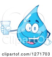 Clipart Of A Happy Blue Water Drop Character Holding A Cup Royalty Free Vector Illustration