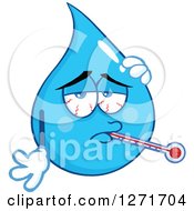 Poster, Art Print Of Sick Blue Water Drop Character With A Thermometer And Fever