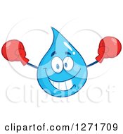 Happy Blue Water Drop Character Cheering With Boxing Gloves by Hit Toon