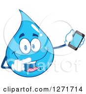 Poster, Art Print Of Happy Blue Water Drop Character Holding And Pointing To A Smart Phone