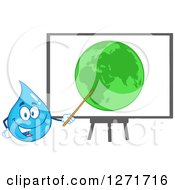Clipart Of A Happy Blue Water Drop Character Presenting Earth On A Board Royalty Free Vector Illustration