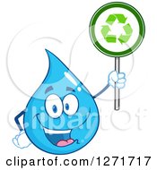 Poster, Art Print Of Happy Blue Water Drop Character Holding A Recycle Sign
