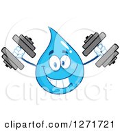 Clipart Of A Happy Blue Water Drop Character Working Out With Dumbbells Royalty Free Vector Illustration