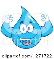 Clipart Of A Happy Blue Water Drop Character Flexing His Muscles Royalty Free Vector Illustration