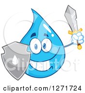 Clipart Of A Happy Blue Water Drop Character With A Shield And Sword Royalty Free Vector Illustration
