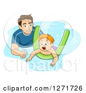 Poster, Art Print Of Father Or Coach Teaching A Red Haired White Boy How To Swim With A Noodle