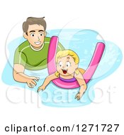 Poster, Art Print Of Brunette White Father Or Coach Teaching A Girl How To Swim With A Noodle