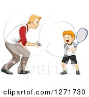 Happy Red Haired White Father Teaching His Son How To Play Squash