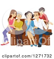 Poster, Art Print Of Happy Caucasian Family Of Teenagers Parents And Grandparents Around A Sofa