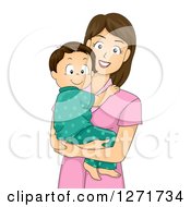 Happy Brunette White Mother Holding Her Toddler Son In Pjs