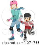 Red Haired White Mother And Son Ice Skating Together