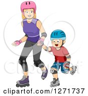 Red Haired White Mother And Son Roller Blading Together