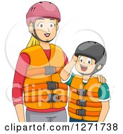 Blond White Mother And Son In Helmets And Life Jackets