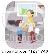 Poster, Art Print Of Happy Brunette White Mom And Son With Groceries In A Kitchen